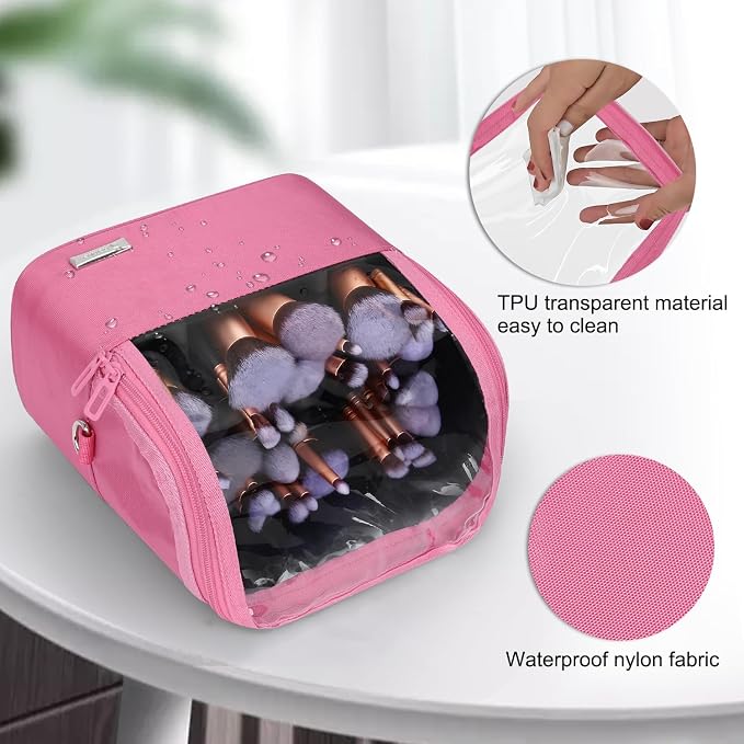 TANTO Makeup Brush Case Stand-up Makeup Cup Makeup Brush Holder Travel Professional Cosmetic Bag Artist Storage Bag Large Makeup Bag with Adjustable Divide (Rose Pink, 1-Large)