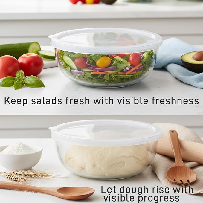 6.2Quart Large Glass Bowls with Lid,Thickened 12Inch Clear Glass Salad Cooking Bowls for Kitchen Salad Bread Storage, For Prepping, Marinating & Mixing Brining Kimch