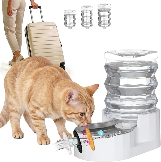 RIZZARI 5L Gravity Cat Water Dispenser: Filtered for Small Pets | Reduced Refills / Stainless Steel Bowl / Anti Splash Base /BPA-Free Materials/ Easy Cleaning / Kitchen Living Room Use