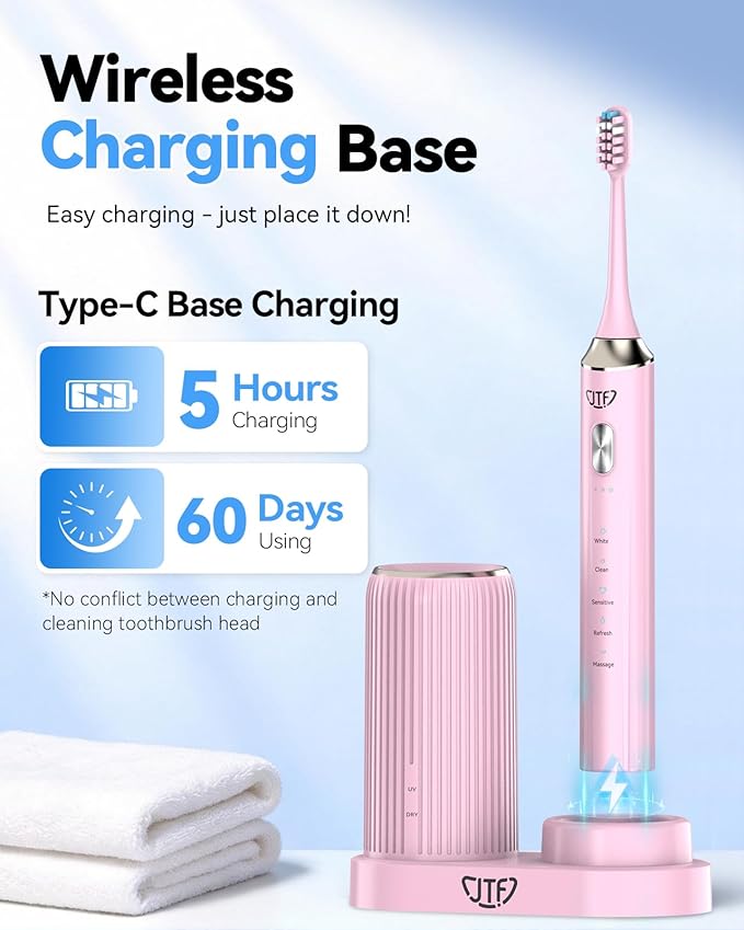 JTF Sonic Electric Toothbrush with UV Sanitizing & Drying: 5 Modes for Effective Yet Gentle Cleaning – with 6 Brush Heads, Rinse Cup, Wireless Charging Base, Rechargeable for Daily Care, Home & Travel