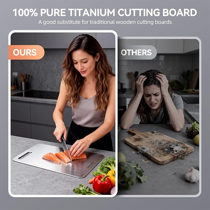 100% Pure Titanium Cutting Board for Kitchen Double-Sided Non-Toxic Titanium Cutting Board with Handle, Dishwasher Safe Chopping Board for Meat, Vegetables & Fruits, Cutting Board Set in S/M/L Sizes