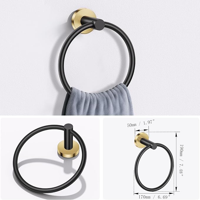 Lairuier Bathroom Hardware Set, 4-Piece Towel Holder Set Include Toilet Paper Holder,Towel Ring and 2 Towel Hooks Stainless Steel Wall Mounted Bathroom Hardware Accessories Set (Black and Gold)