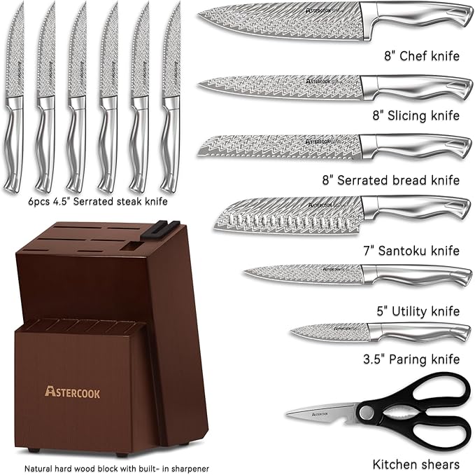 Astercook Knife Set, 15-Piece Kitchen Knife Set with Block, Built-in Knife Sharpener, German Stainless Steel Knife Block Set, Dishwasher Safe Kitchen Utensils Set