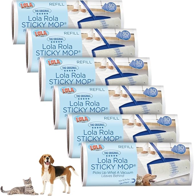 LOLA Rola Sticky Mop Refills, Giant Adhesive Roller, 180 Sheets, Traps Dirt, Dust & Hair, Pet Hair Remover, Floor & Carpet Cleaner, 6 Pack