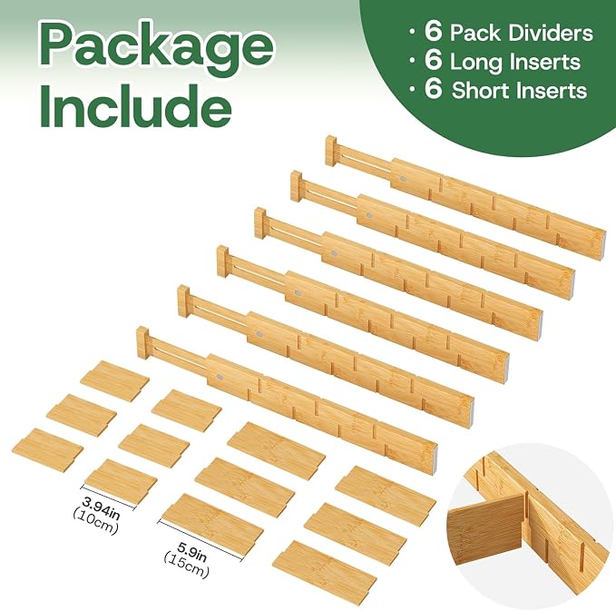 kiplant Bamboo Drawer Dividers - Adjustable Drawer Dividers for Kitchen, Clothes, Closet & Office - 6 Pack with Inserts, 18-22.6 Inches, Non-Slip Silicone Ends