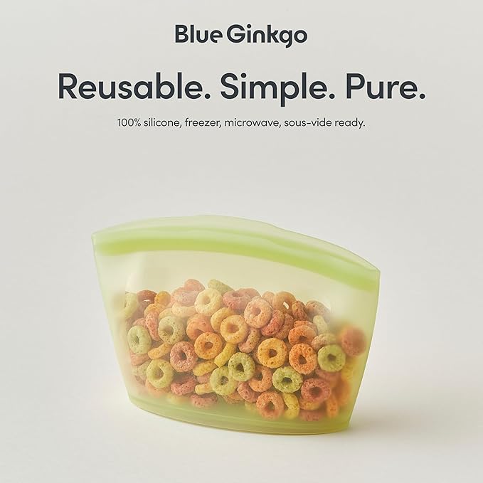 Blue Ginkgo Reusable Silicone Storage Bags – 4-Pack | Korean-Made Stand Up Food, Freezer Bags - Olive Green