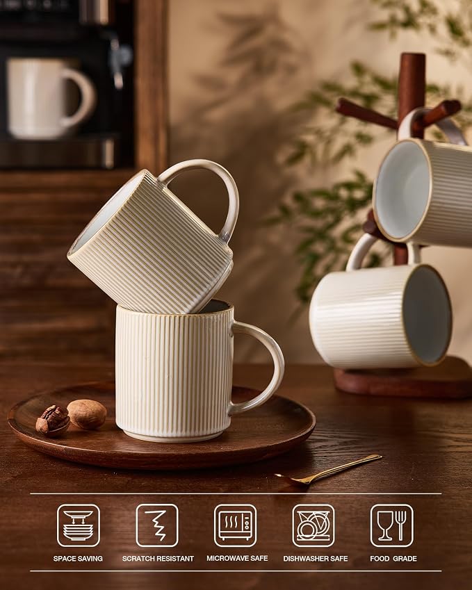 famiware Coffee Mug Set for 8, Star 16 oz Catering Mugs Cup Set with Handle for Coffee, Tea, Cocoa, Milk - Ceramic Stoneware Drinkware Set, Cappuccino White