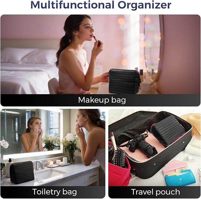 Travel Makeup Organizer Bag with Fold-Down Design and Adjustable Dividers, 27 Pockets & 3 Brush Storage Holders, Large Capacity Cosmetic Bags Toiletry Case- Black