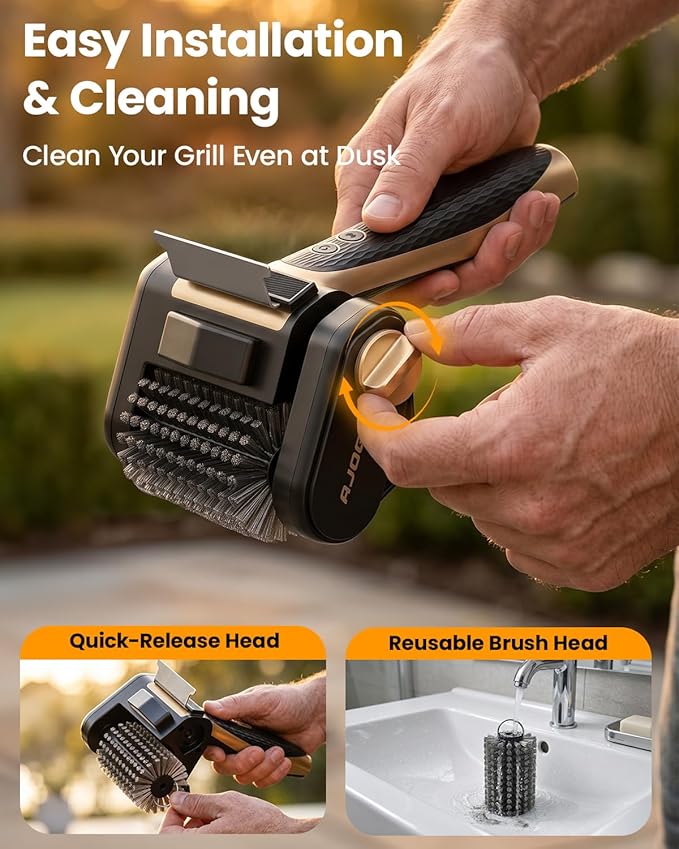Electric Grill Brush for Outdoor Grill, Cordless BBQ Cleaner with LED Light, Scraper, Dishwasher‑Safe Bristles, 4000 mAh Battery, Rechargeable Power Grill Scrubber (Gold)