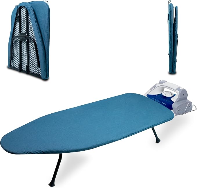 Metal Mesh Panel Tabletop Ironing Board | Foldable Iron Board | Heavy Duty Small Iron Board with Heat Resistant Cover and 100% Cotton 8mm Thicken Pad (Blue)