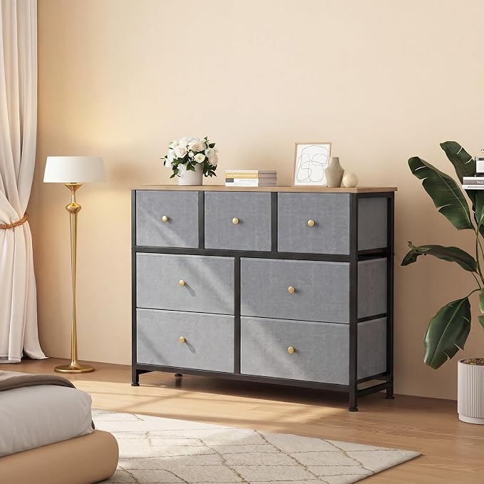 OLIXIS 7 Drawer Dresser for Bedroom, Tall Fabric Storage Tower with Sturdy Steel Frame and Wooden Top, Large Dresser for Living Room Entryway with Easy Pull Fabric Bins, Gray Blue