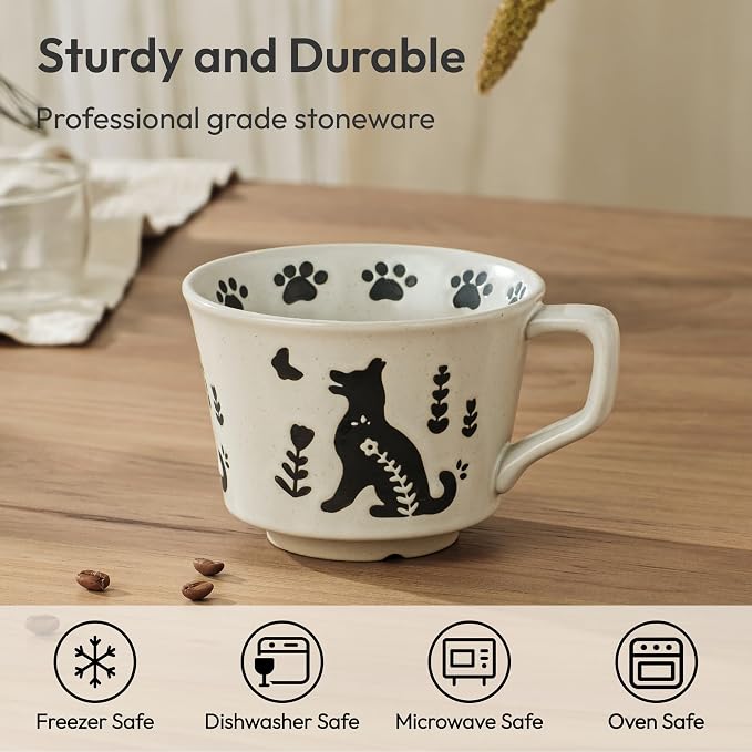 11 oz Ceramic Coffee Mug, Stoneware Teacup with Handle | Small Novelty Unique Cup for Tea Mocha Latte Cappuccino, Microwave Dishwasher Safe (Set of 2, Cat and Dog)