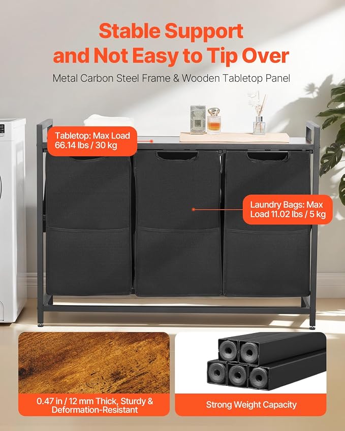 VEVOR 3 Section Laundry Sorter, Large Laundry Hamper with Metal Frame and Wooden Tabletop, Freestanding Storage Organizer Baskets with Pull-Out 600D Oxford Cloth Bags for Dirty Clothes, Bathroom