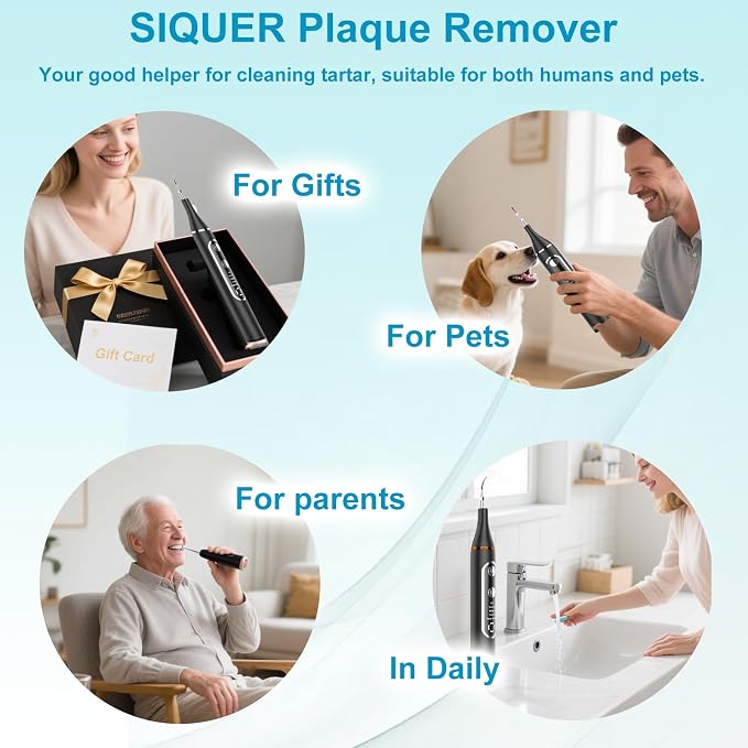 Plaque Remover for Teeth - SIQUER Teeth Cleaning Kit Dental Tools | LED Light 5 Speed Modes 4 Replaceable Heads USB Rechargeable for Home Travel Use, Black