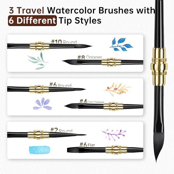 Fuumuui Travel Watercolor Brushes - 3pcs Dual-Tip with 6 Versatile Tip Styles - Premium Synthetic Squirrel Hair Travel Paint Brush Set for Plein Air Painting - Watercolor Acrylic Gouache Ink