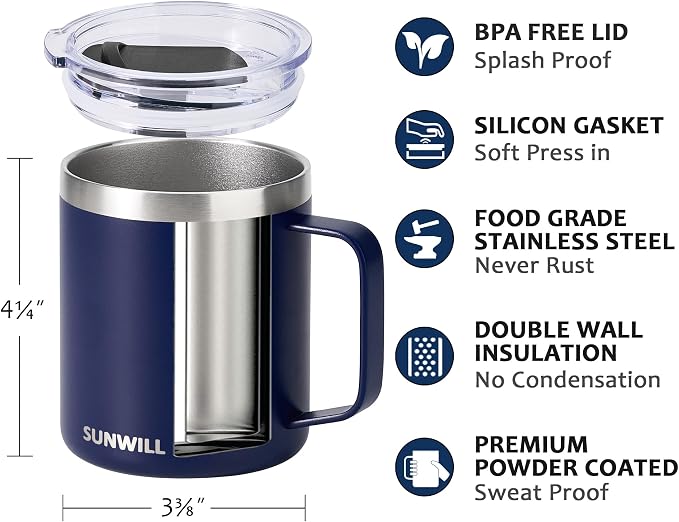 SUNWILL Travel Coffee Mugs Set of 4, Insulated Tumbler with Lid, 14oz Stainless Steel Cup with Handle Bulk for Gift, Camping, Office, Powder Coated Navy Blue