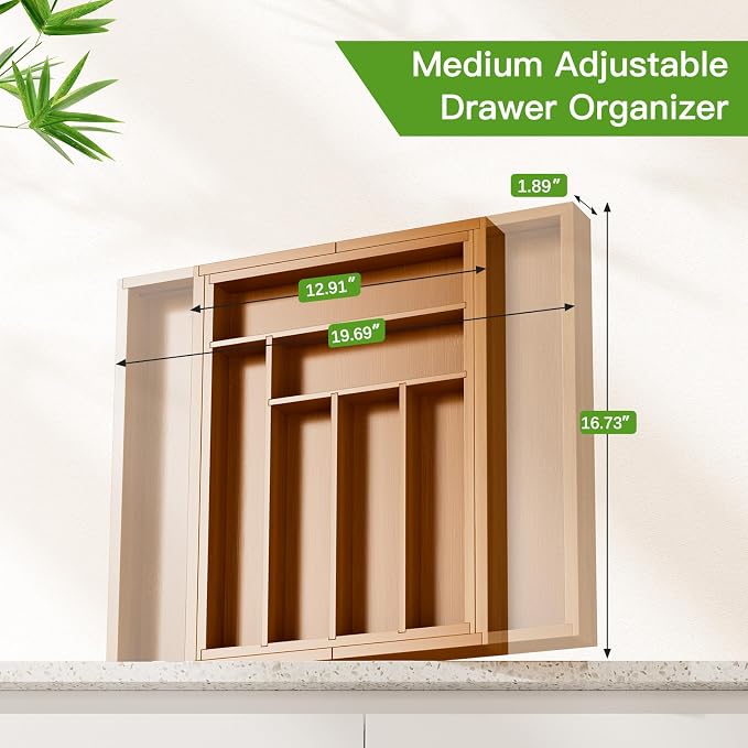 Pipishell Bamboo Expandable Drawer Organizer for Utensils Holder, Adjustable Silverware Organizer Cutlery Tray, Drawer Dividers for Utensils, Flatware, Knives in Kitchen, Bedroom, Living Room Brown