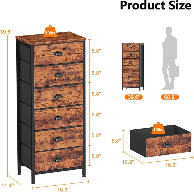 Furnulem Tall Dresser with 6 Drawers,Vertical End Table and Nightstand for Bedroom,Industrial Dorm Bedside Furniture with Fabric Storage Drawer Organizer in Living Room,Closet,Entryway(Rustic Brown)