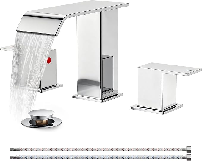 FORIOUS Bathroom Faucet 3 Hole Chrome, 8 Inch Widespread Bathroom Sink Faucet Waterfall Spout, with Pop Up Drain and Water Supply, Suitable for Vanity Rv Commercial Lavatory Restroom