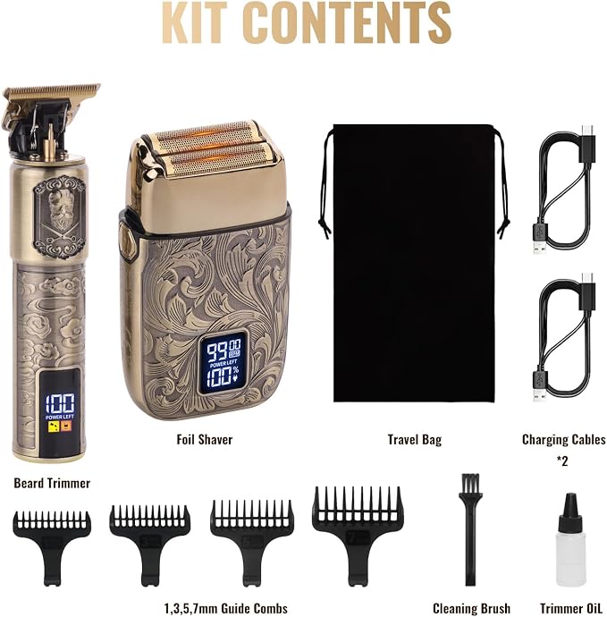 Ufree Foil Shaver and Beard Hair Trimmer Set, Men Electric Razor，Mens Gifts | 6500-7500RPM Head Shavers for Bald, Zero-Gap, Type-C, LED Display, T-Blade Line Versatile for Mustache, Stubble & Crisp Edge