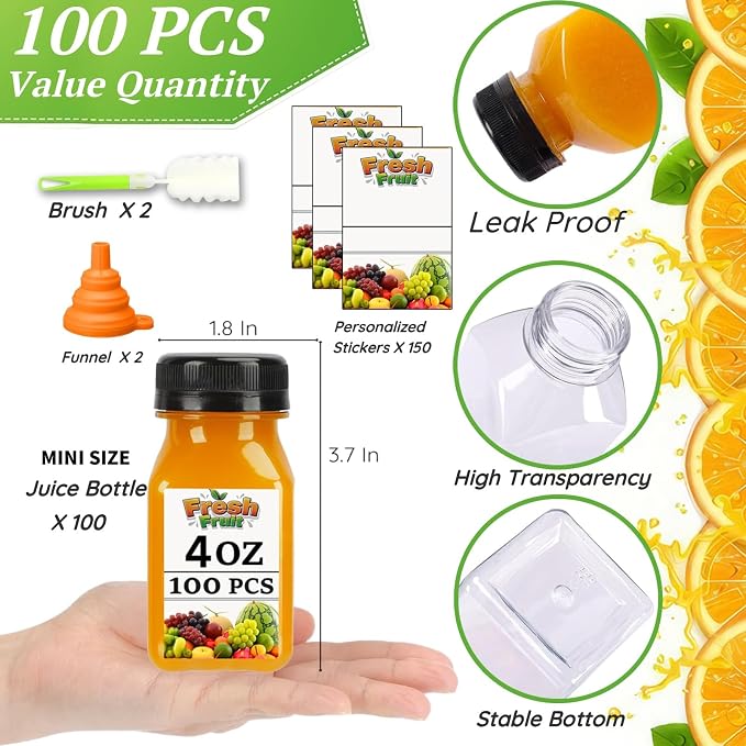 100PCS 4OZ Mini Plastic Juice Bottles with Caps, Clear Shot Bottles Reusable Containers with Labels, Funnel and Brush，Suitable for Juice Milk, Tea, Drinking, Smoothie,Other Beverages (100, 4, ounces)