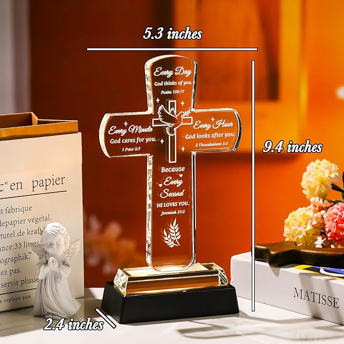 Movdyka Christian Inspirational Gifts for Women, Crystal Cross Bible Verse Plaque Decor with Light Base, Religious Faith Spiritual Prayers Encouragement Gift for Woman Men Mom Daughter Friends