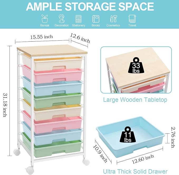 SYKIARIOL Rolling Storage Cart with Drawers,Utility Cart With 8 Drawers and Wooden Tabletop,Rolling Drawer Cart,Storage Drawer Cart for Living Room,Classroom,Bedroom,Bathroom,Dorm,Office,Rainbow