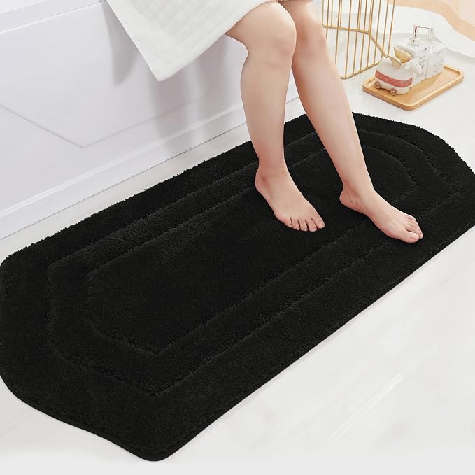 COSY HOMEER Bathroom Mat Rugs 24”x48” Non-Slip Absorbent Bath Mat Plush Shaggy Machine Washable Bath Rugs Soft Polyester Bath Mats for Bathroom Floor,Tub and Shower,Black