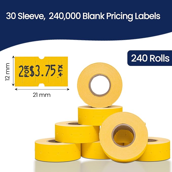 Perco 1 Line Yellow Labels - 240,000 Blank Pricing Labels for Perco Lite, X, Plus and Pro 1 Line Price and Date Guns - 240 Rolls, Case of 30 Sleeves - Made in USA