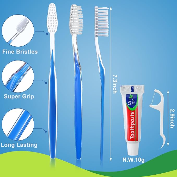 FoldTier 200 Sets Disposable Toothbrushes with Toothpaste and Floss Bulk Individually Wrapped 10g Toothpaste Homeless Hygiene Kit Bulk Homeless Care Package Supply for Travel Shelter (Light Blue Pink)