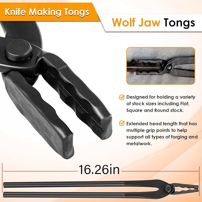 Blacksmith Forging Tongs Knife Making Tongs Set Fire Tongs Anvil Blacksmithing Tongs Forge Tools Includes Flat Tongs, Wolf Jaw Tongs, Blade Tongs & V-Bit Tongs(4 Tongs)