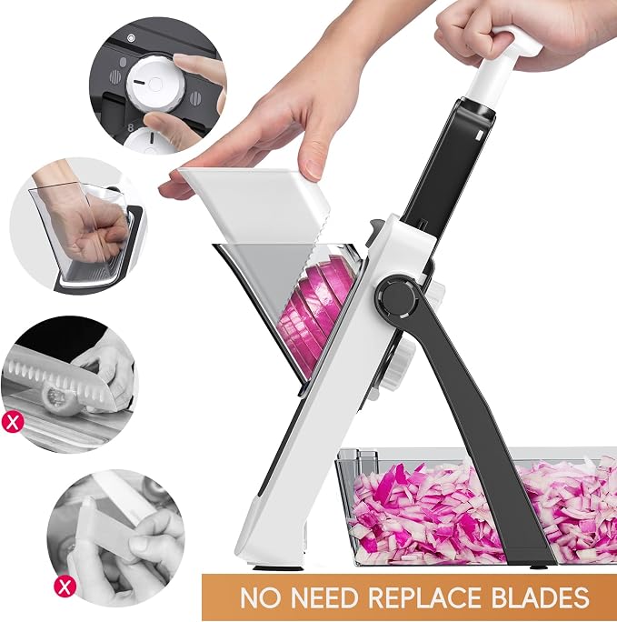 Vegetable Slicer with Adjustable Thickness, Easy to Clean Potato Mandoline Slicer with Container, Rapid Prep French Fry Veggie Cutter/Onion Slicer, Free Grater/Cleaning Brush (Gray)