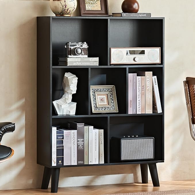 LEYAOYAO Cube Bookshelf, Mid-Century Modern Book Shelf with Legs, Black | 3 Tier Bookcase, Rustic Wood Bookshelves Freestanding Small Storage Organizer, Open Shelves for Bedroom, Living Room, Office