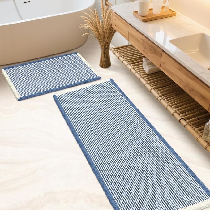 IM HOME Waffle Bath Mat Set 2 Piece Blue & Cream,Woven Modern Bath Rug Mats, Absorbent Non Slip Bath Floor Mat, Soft Washable Boho Bath Rugs with Tassels for Bathroom, Bedroom, Kitchen,Tub