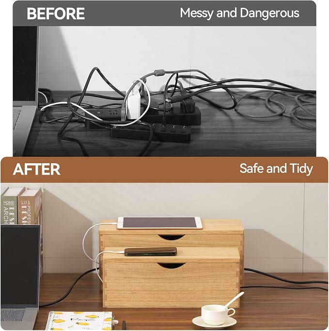 KIRIGEN Wooden Cable Management Box Set of 2, Cord Organizer, Natural | Large and Small Solid Wood Boxes with Removable Lids for Power Strips, Chargers, Routers, and Desks Home Office