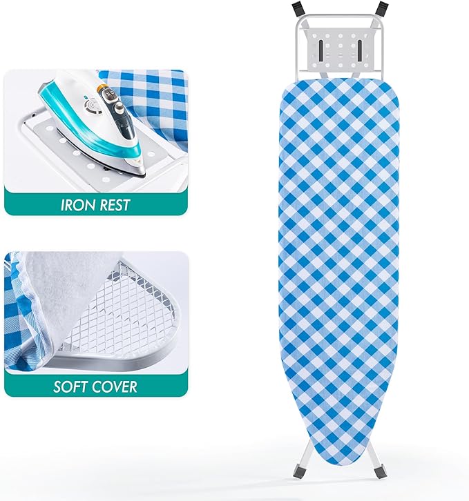 BKTD Ironing Board, Heat Resistant Cover Iron Board with Steam Rest, Non-Slip Foldable Ironing Stand. Heavy Sturdy Metal Frame Legs Iron Stand(13 * 34 * 53 Inches) (Blue White)