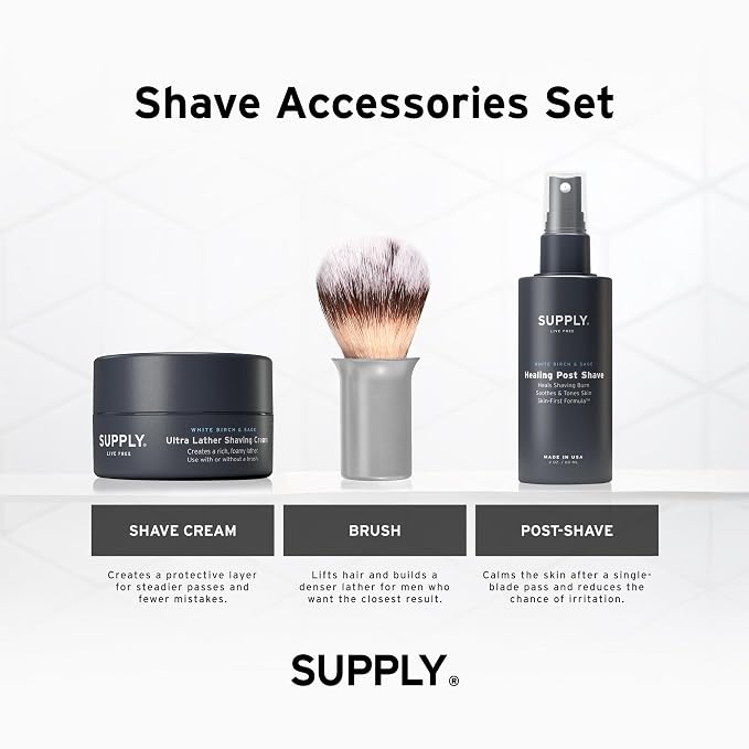 SUPPLY Men’s Shave Accessories Set – Ultra Lather Shaving Cream 3.4oz, Alcohol-Free Aftershave Spray 2 oz, and Synthetic Shaving Brush – White Birch & Sage/Classic Matte