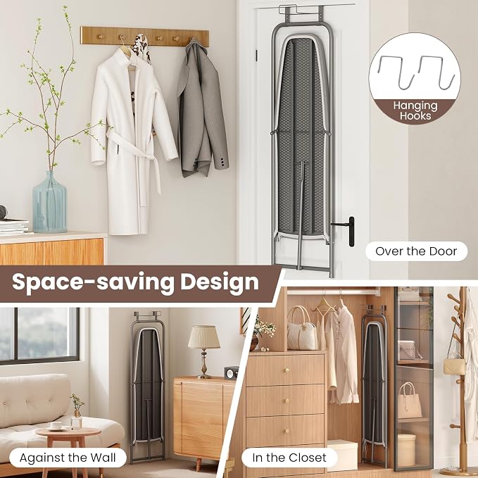 COSTWAY Over the Door Ironing Board, Space-Saving Metal Hanging Iron Board | Iron Holder & Cotton Cover, Compact Fold Down Iron Stand for Home, Apartment, Laundry Room, Dorm, 42"L x 17"W x 50"H