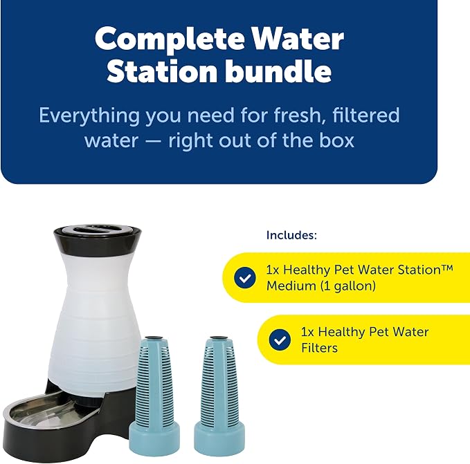 PetSafe Healthy Pet Food & Water Station, Medium, 2-Pack Filters | Gravity Food & Water Station, 4 lb food, 128 oz Water, Dishwasher-Safe Stainless Bowl, Extra Filters