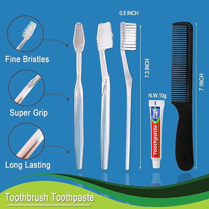 50 Pack Disposable Toothbrushes with Toothpaste and Comb for Homeless Individually Wrapped,10g Travel Toothpaste,7inch Black Hair Comb, Toothbrush for Hotel,AirBnb,Shelter,Charity