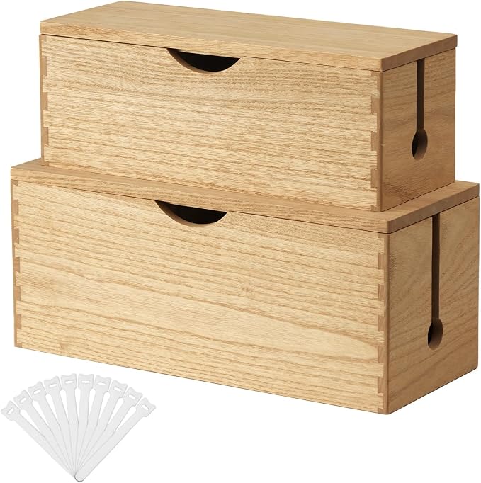 KIRIGEN Wooden Cable Management Box Set of 2, Cord Organizer, Natural | Large and Small Solid Wood Boxes with Removable Lids for Power Strips, Chargers, Routers, and Desks Home Office