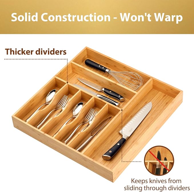Umilife Large Kitchen Drawer Organizer, 19"x19" Silverware Utensils Organizer, 2.5" High for Large Deep Drawers, Bamboo Flatware Holder with Thick Frames, Sturdy Kitchen Organization Tray