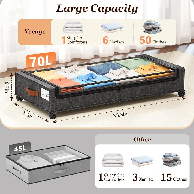 Yecaye 70L Under Bed Storage with Wheels, 2Pack Larger Capacity Under Bed Storage Containers, Underbed Shoe Storage Organizer, Rolling Under Bed Metal Drawers for Shoes, Clothes, Hemp Grey