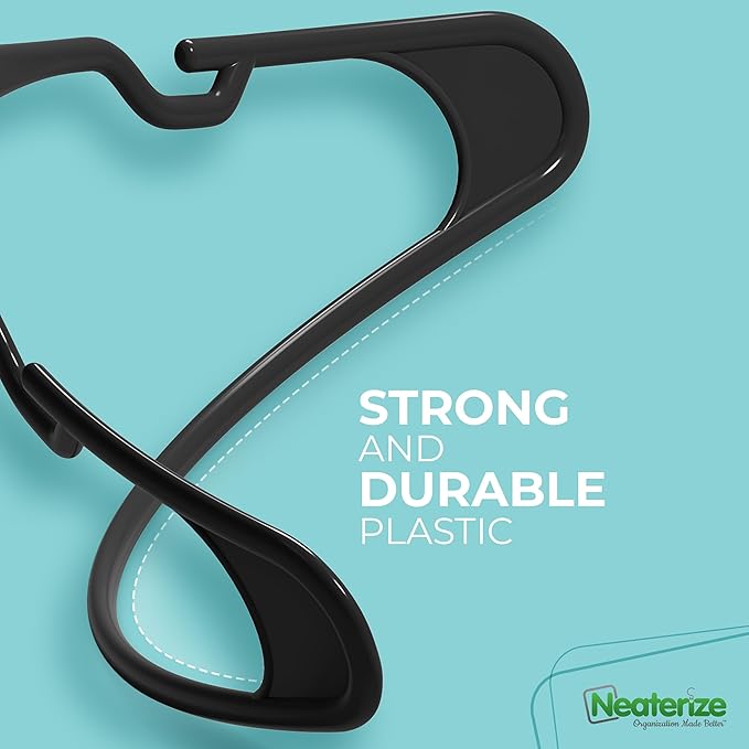 NEATERIZE Clothes Hangers Plastic 100 Pack for Adults - Plastic Hangers, The Perfect Coat Hanger and Space Saving Clothes Hangers for Closet - Black Hangers