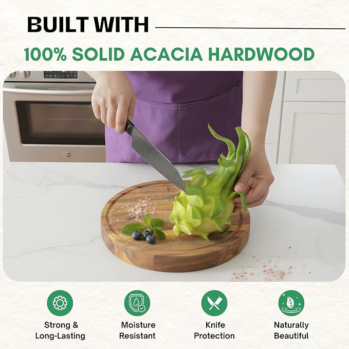 Round Acacia Wood Cutting Boards for Kitchen, 1.5 in Thick Butcher Block Construction for Stability, 12 x 12 in Round Cutting Boards with Gift Box, Juice Groove and Handle