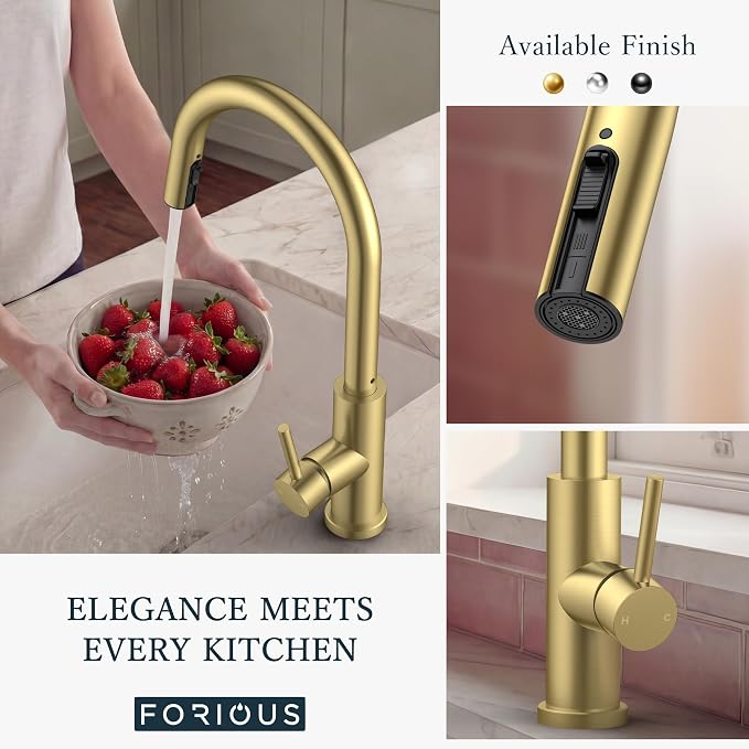 FORIOUS Kitchen Faucets with Pull Down Sprayer, Gold Single Handle Stainless Steel High Arc Kitchen Sink Faucet with Deck Plate, 1 or 3 Hole Sink Faucet for Bar RV Outdoor Laundry Farmhouse