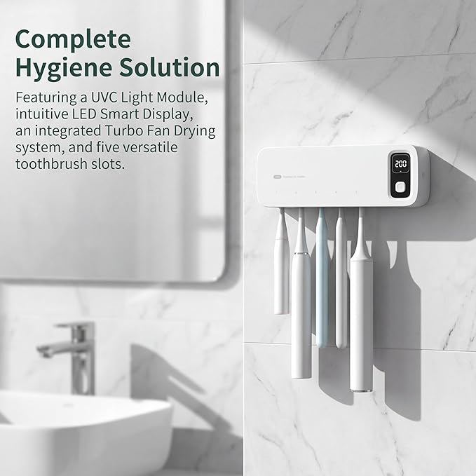 UV Light Toothbrush Cleaner Holder, Wall Mount Tooth Brush Holder for Bathroom, 5 Toothbrush Slots & LED Smart Screen Fits Electric, Manual Toothbrushes (Green)