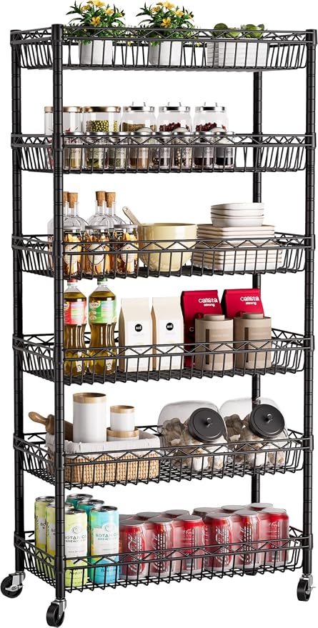 Golpart 6 Shelves Storage Shelf Wire Closet Bathroom Organizers Metal Pantry Kitchen Garage Shelving Unit Laundry Room Organization Home Rack Net Basket Black with Wheels 30" Dx14 Wx65 H