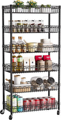 Golpart 6 Shelves Storage Shelf Wire Closet Bathroom Organizers Metal Pantry Kitchen Garage Shelving Unit Laundry Room Organization Home Rack Net Basket Black with Wheels 30" Dx14 Wx65 H