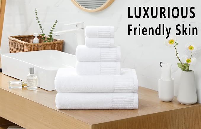 YTYC 27.5x55 Bath Towels Set,100% Cotton,650GSM,White,6-Pieces | Ultra Soft,Highly Absorbent, 2 Bathroom Towels,2 Hand Towels, 2 Washcloths, Towels for Bathroom, Gym, Spa,Pool